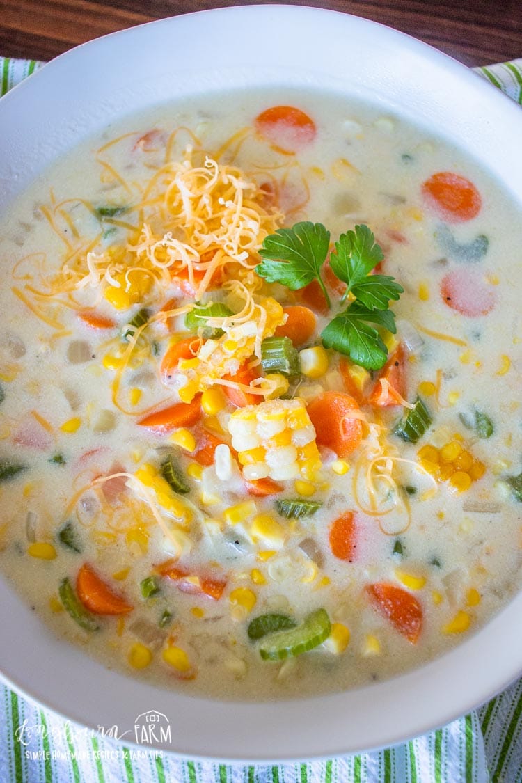 Easy corn chowder soup in a white bowl. 