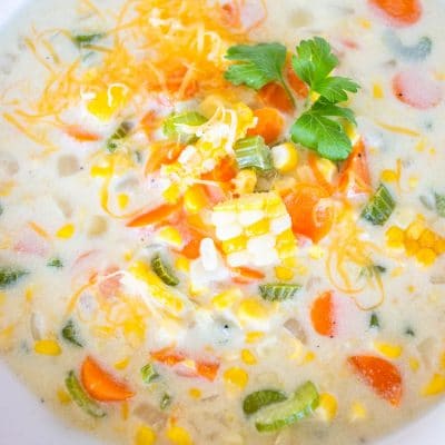 Easy corn chowder soup in a white bowl.