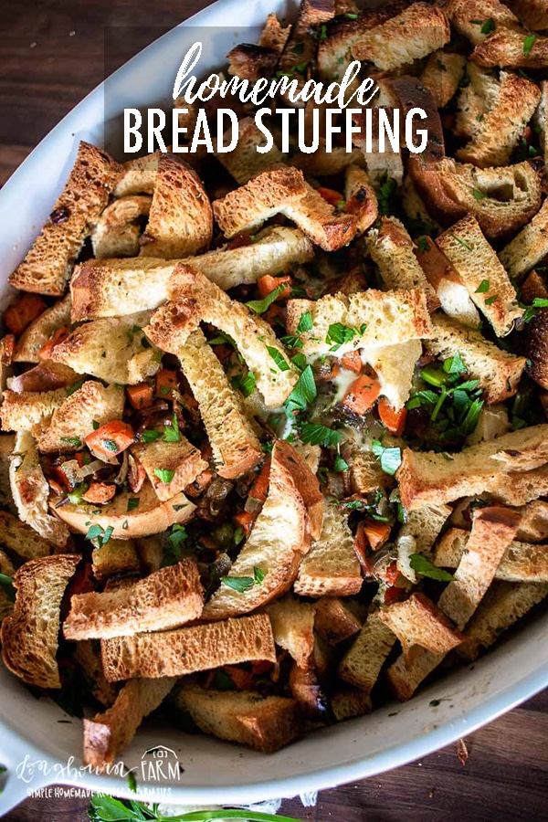 Homemade Bread Stuffing is an easy side dish to make if you don't want to stuff a turkey! A few ingredients combine to make it flavorful and not too soggy! #stuffing #thanksgiving #thanksgivingrecipes #thanksgivingrecipe #stuffing #stuffingrecipe #stuffinghomemade #stuffingeasy #stuffingthebest #stuffingturkey #stuffingchicken #stuffingclassic #stuffingtraditional