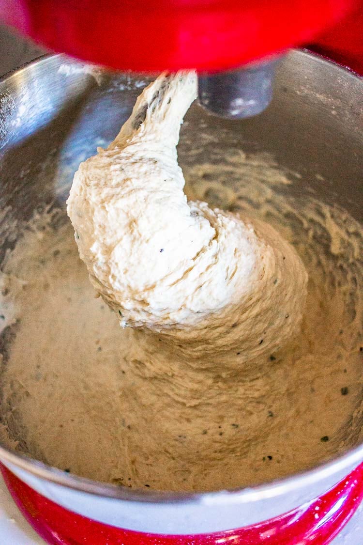 kneading the potato bread with an electric stand mixer dough on hook