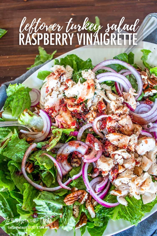 This delicious turkey salad with raspberry vinaigrette is amazingly delicious and the perfect use for Thanksgiving leftovers! Flavorful, light, and tasty! #turkey #turkeysalad #raspberry #raspberryvinaigrette #raspberrysaladdressing #saladdressing #easysalad #leftoverturkey #leftoverturkeysalad #leftoverturkeyrecipe