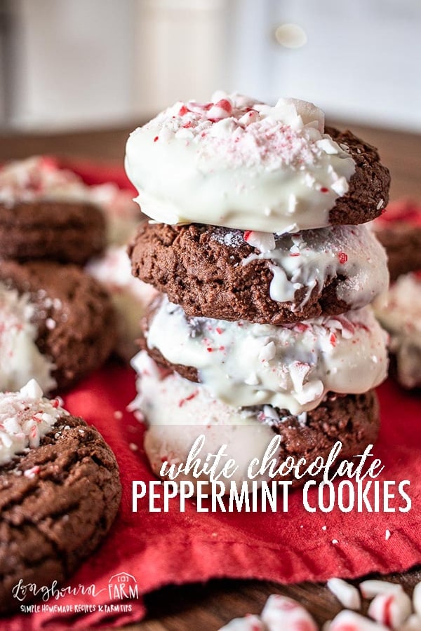 White chocolate peppermint cookies are easy to make and a delicious holiday treat! Bursting with chocolate and peppermint flavor in every bite. #chocolate #chocolatepeppermint #chocolatecookies #peppermintcookies #peppermint #cookierecipe #christmascookies #christmas #baking #holidaybaking #holiday #partyfood