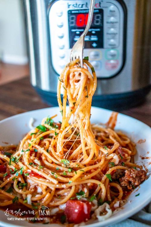 forkful of spaghetti over a bowl of spaghetti in front of the instant pot