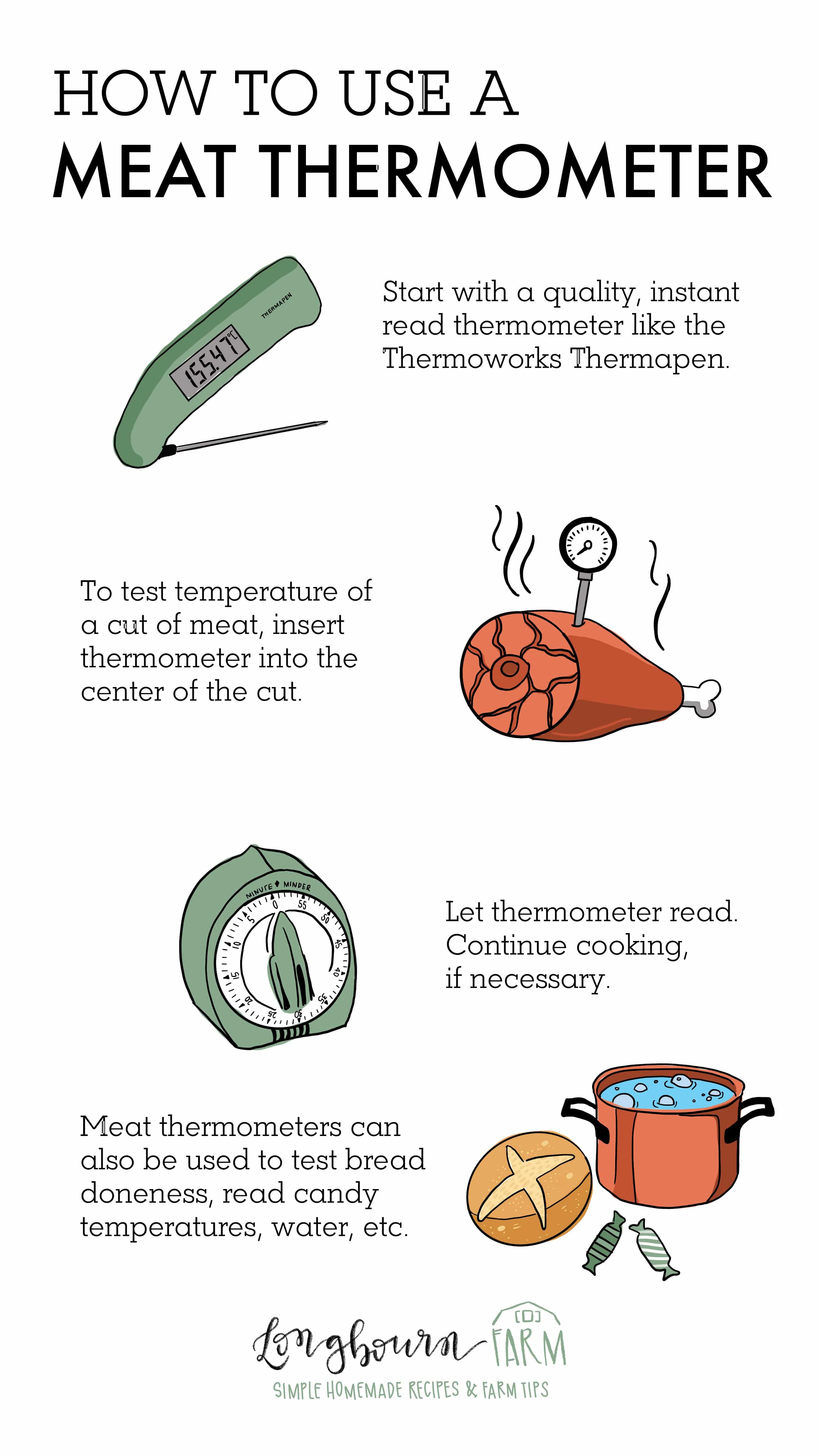 Learning how to use a meat thermometer is a vital skill for the kitchen! Having overdone meat isn't good at all, and underdone meat is very dangerous. #meatthermometer #thermometer #meatcooking #meatcookingtemps #meatcookingtemperatures #cookingtemperatures