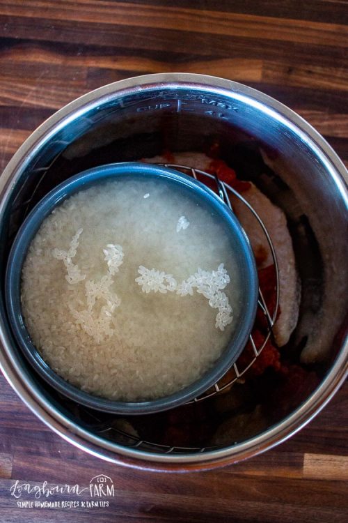 a bowl of rice and water on a trivet inside the instant pot