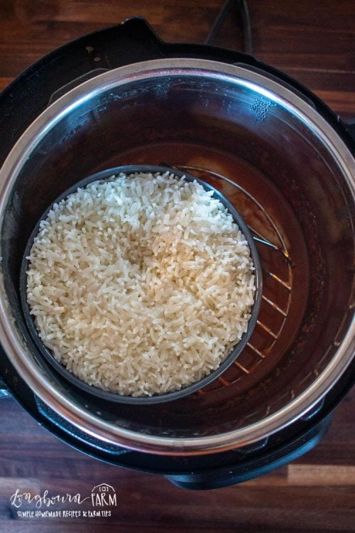 a bowl of cooked rice on a trivet inside the instant pot