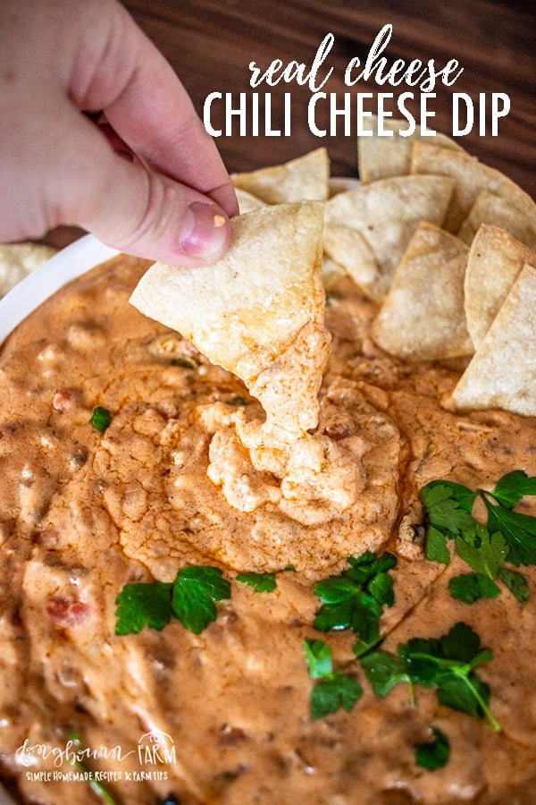 Homemade chili cheese dip is cheesy and delicious and uses shredded cheese and cream cheese, no processed cheese! Packed with flavor and delicious add-ins. #cheese #chilicheese #chilicheesedip #cheesedip #queso #quesodip #quesocheesedip 