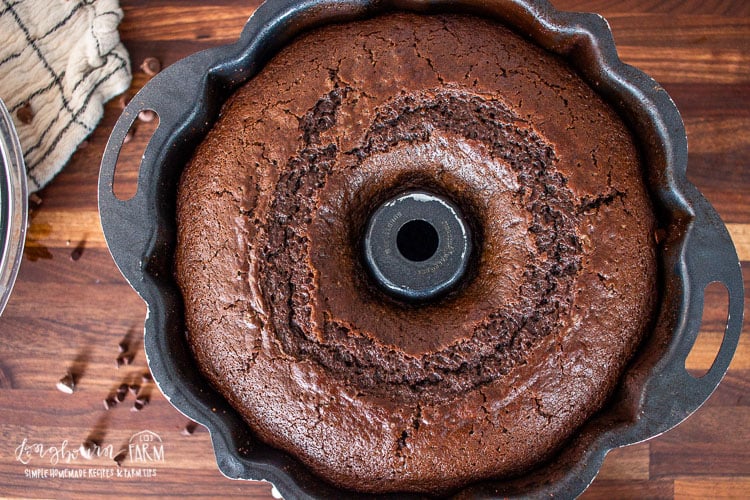 a freshly baked chocolate bndt cake in a pan