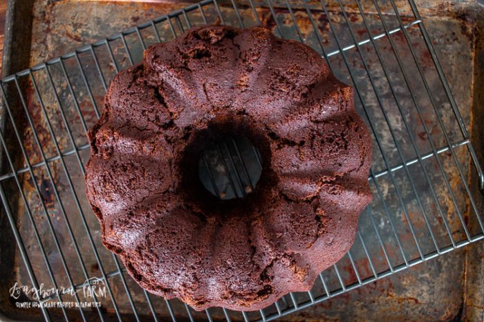 chocolate bundt cake on a cooling rack over a baking sheet
