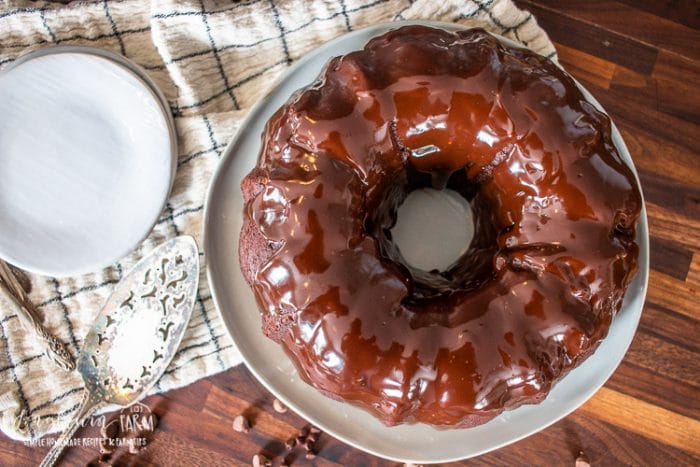 a large plate with a chocolate ganache covered bundt cake