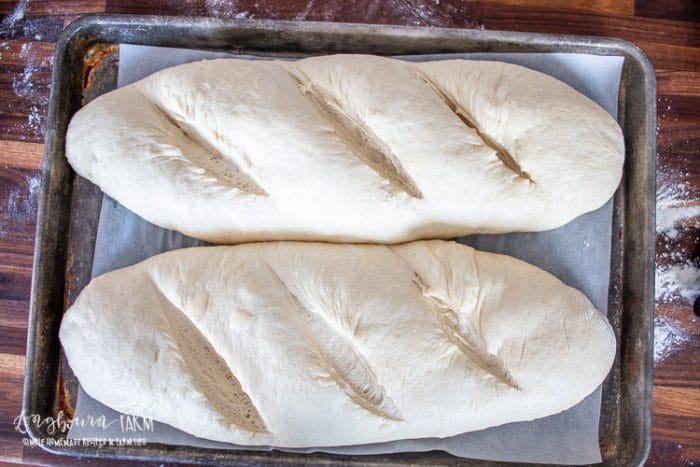 two unbaked scored and proofed french bread loaves