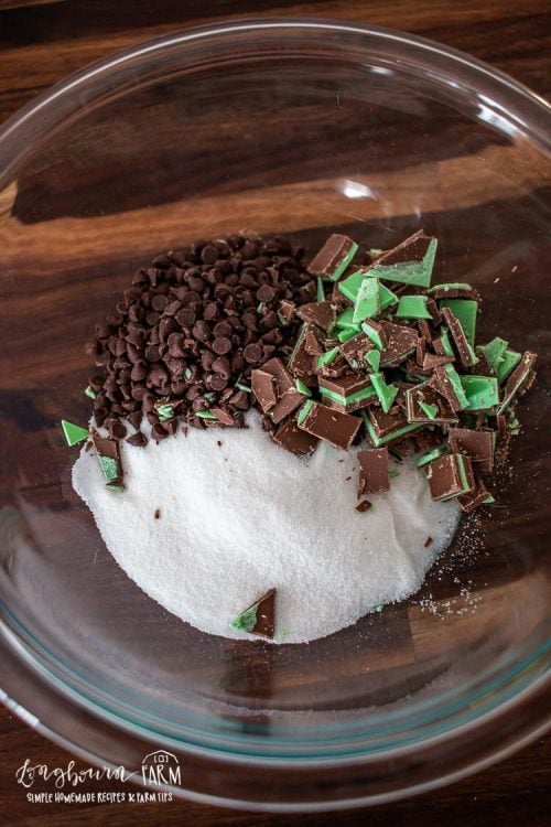 ingredients for chocolate mint ice cream in a bowl