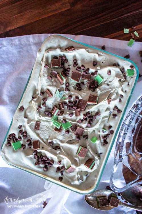 a baking dish fulled with mint chocolate ice cream topped with chopped mint pieces and chocolate chips