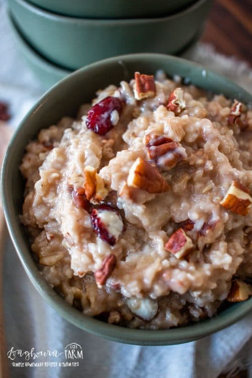 an upclose view of instant pot pecan oatmeal in a bowl