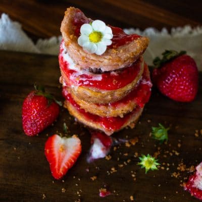flower topped stack of strawberry cheesecake bites