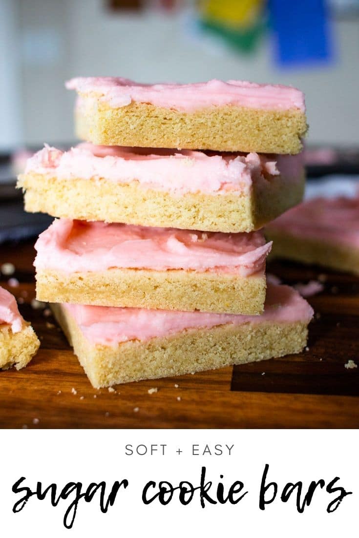 Frosted sugar cookie bars are a tasty treat that cuts down on prep time so that’s there’s more time for eating! Soft cookies with pillowy perfect icing.