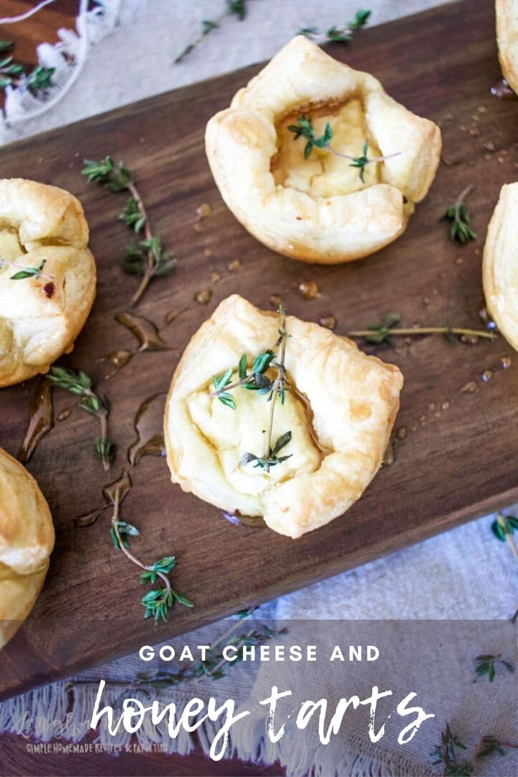 Goat cheese tarts with puff pastry shells, drizzled in honey and fresh thyme are a perfect 4 ingredient recipe that you’re going to love!