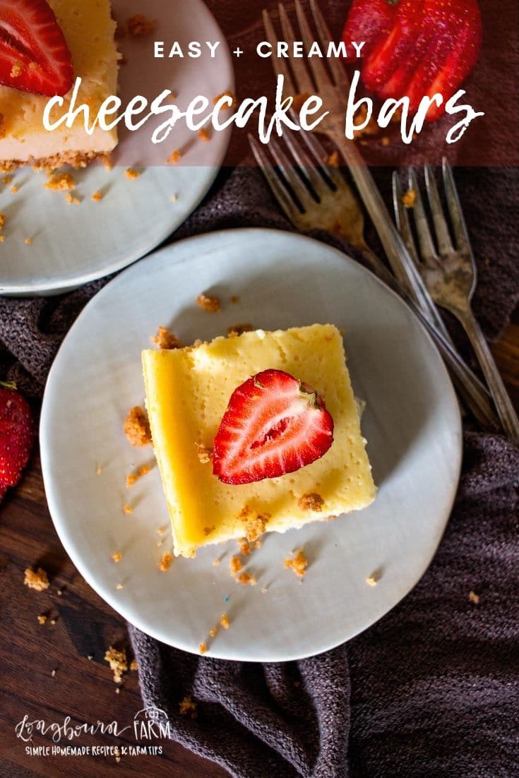 Cheesecake bars are an easy way to make a cheesecake for a crowd! Creamy and smooth, they pair great with anything.