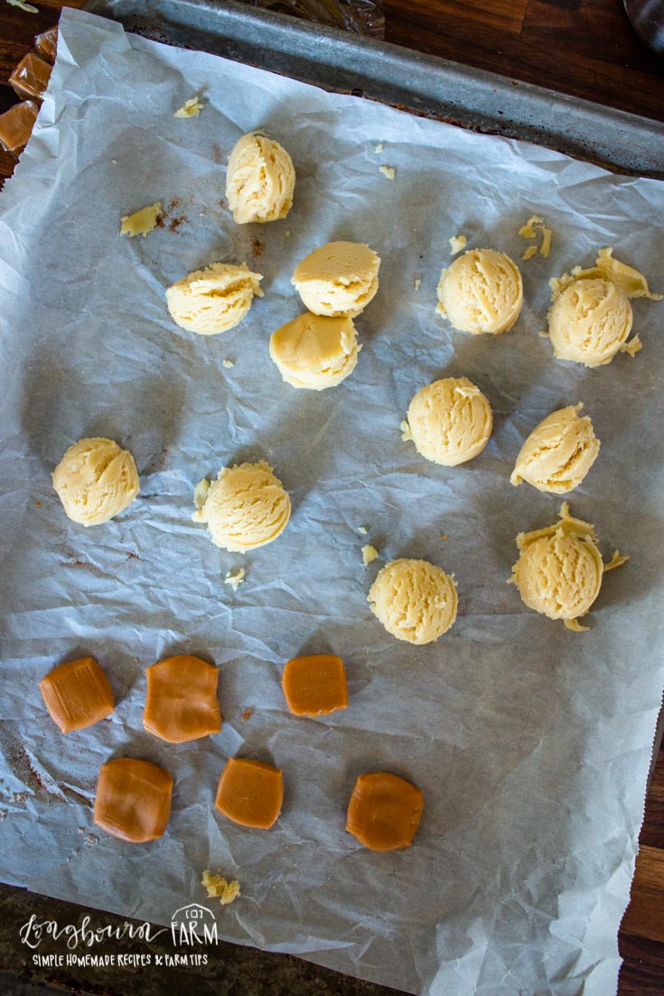 caramel candies and snickerdoodle cookie dough ball scoops on a piece of parchment paper