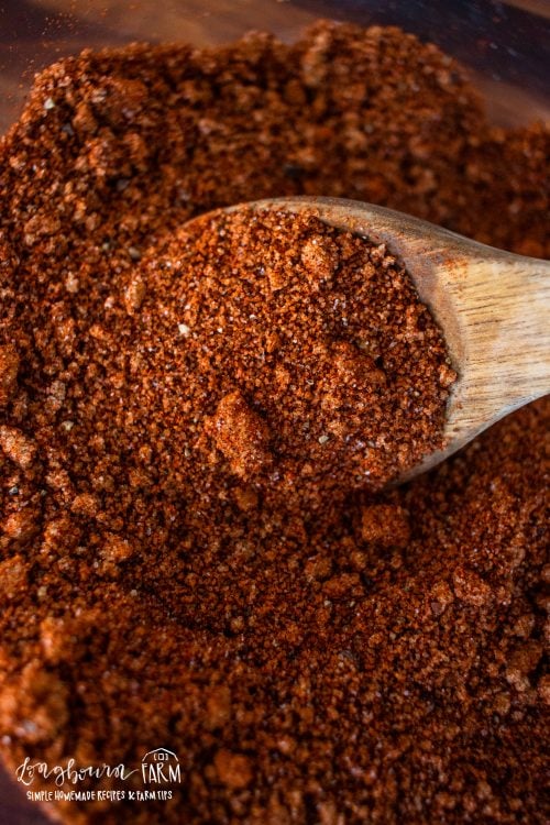 a wooden spoon in a bowl filled with bbq spice rub mixture