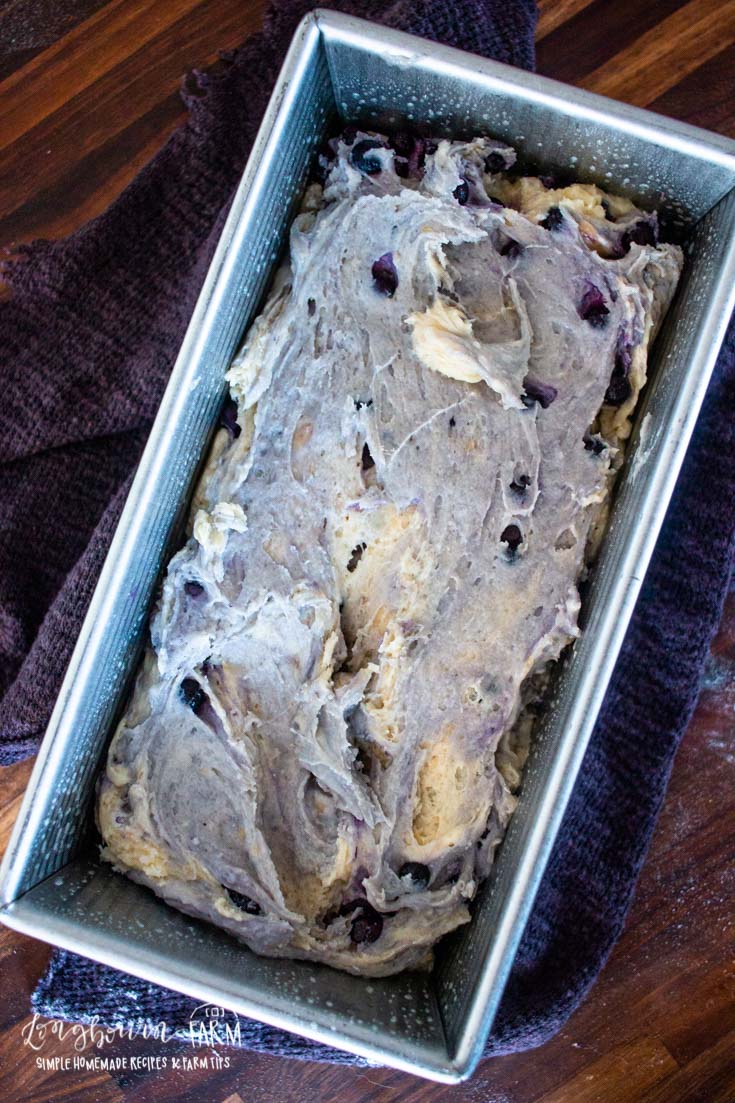 a bread pan filled with blueberry banana bread batter