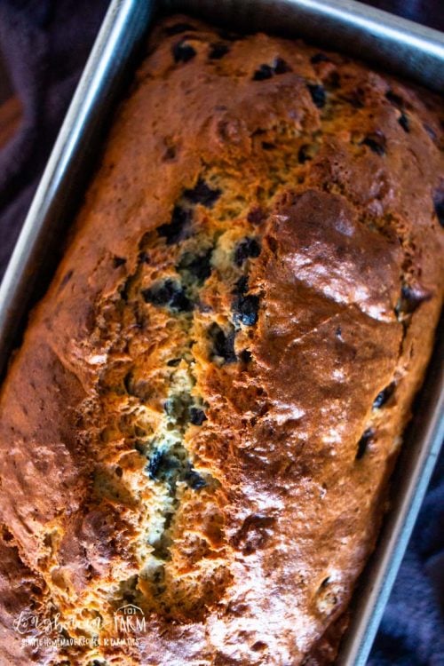 a baked loaf of blueberry banana bread in the pan