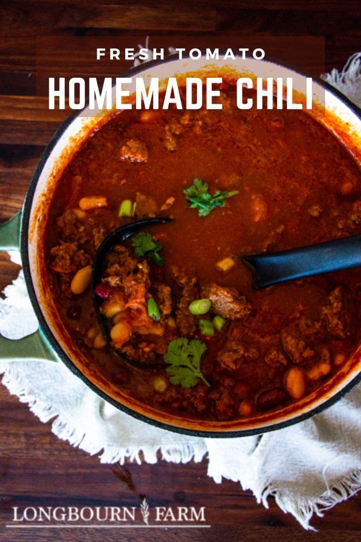 This chili with fresh tomatoes recipe is a great way to use up those vine ripe tomatoes from the garden. It's a fabulous dinner recipe that is packed with flavor, veggies, beans, and meat and requires a little effort and patience to come together.