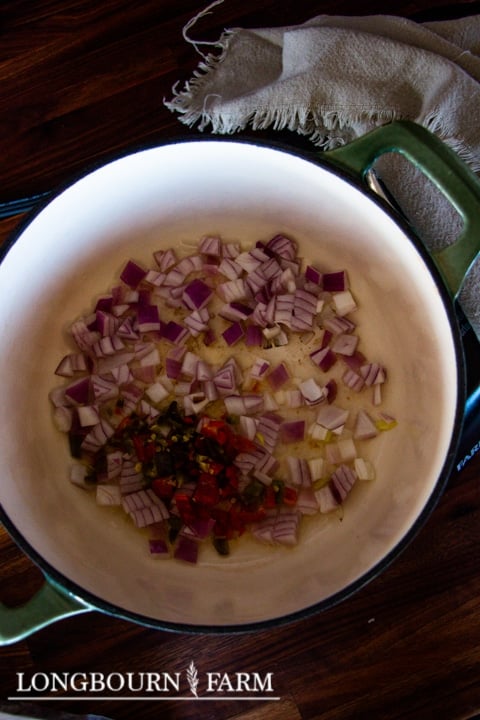 diced red onions in a pot with seasonings