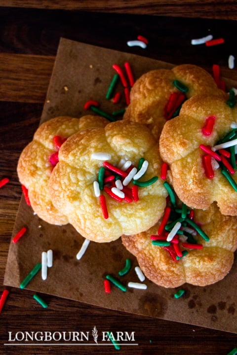 almond spritz cookies with christmas sprinkles