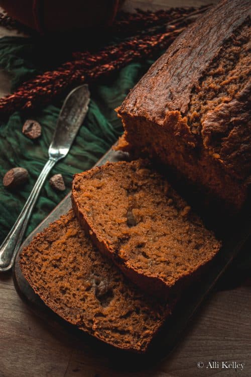 banana pumpkin bread with two pieces sliced off