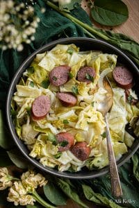 crockpot cabbage and sausage in a bowl
