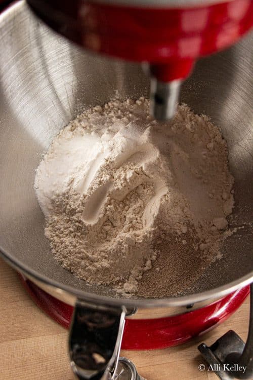 dry ingredients to make hamburger buns in a stand mixer
