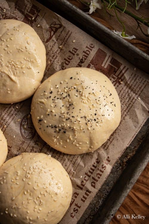 a round of hamburger bun dough on a lined baking tray sprinkled with sesame seeds and poppy seeds