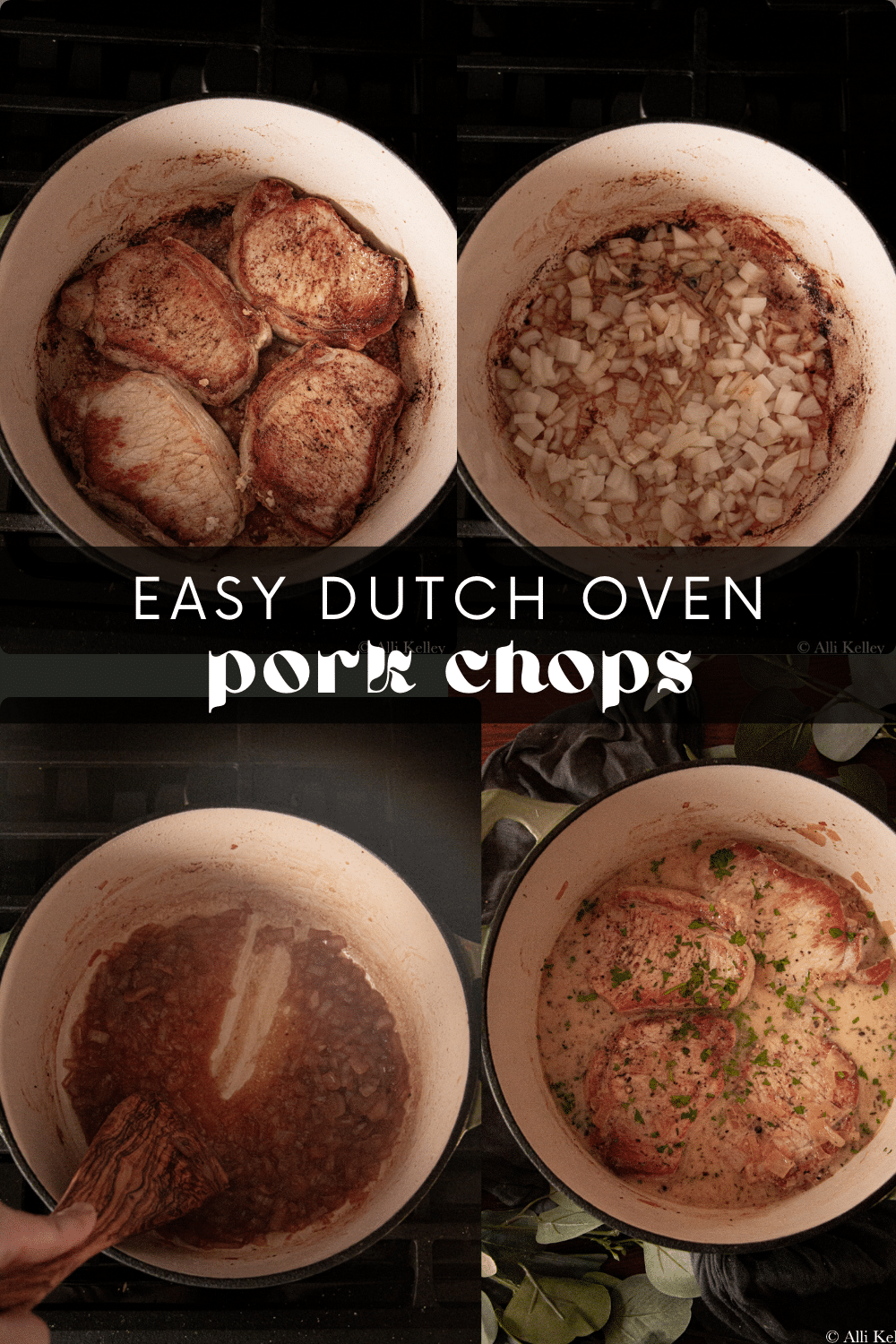 Dutch oven pork chops are a family favorite and make the best weeknight dinner! A creamy white wine sauce coats tender, juicy pork chops for a dish that’s delicious and easy to make. The honey and mustard are the secret to creating a perfect balance of flavors!