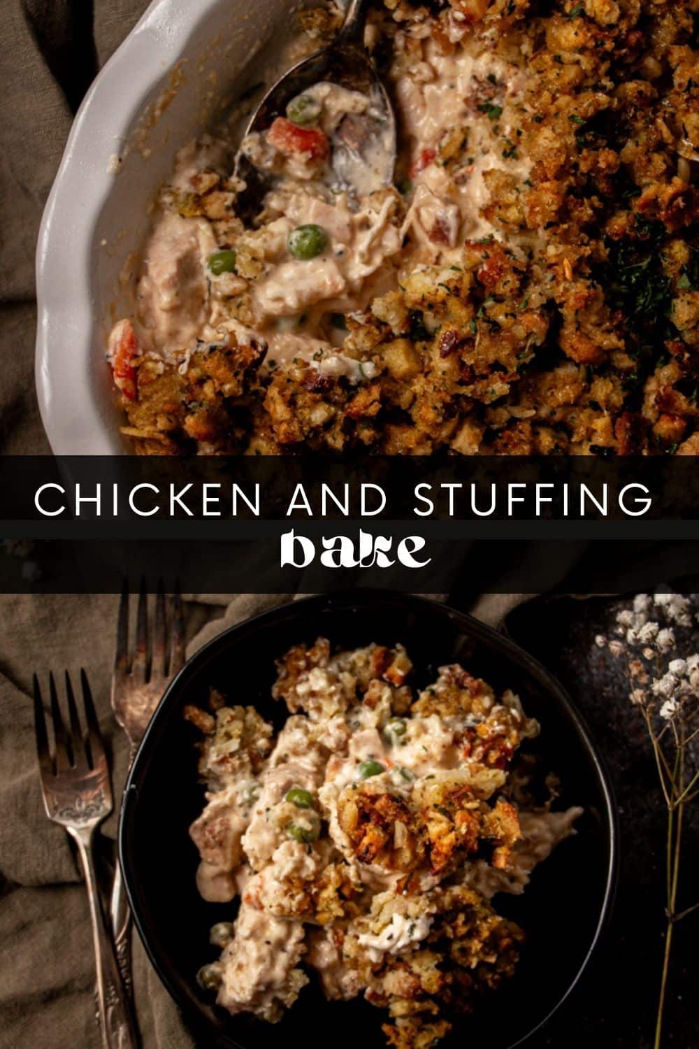 This one-pan chicken and stuffing bake is the perfect way to use up leftover rotisserie chicken! It's quick (thanks to boxed stuffing mix), easy, and uses pantry staples to reduce prep time. It's a family favorite that'll have everyone asking for seconds!