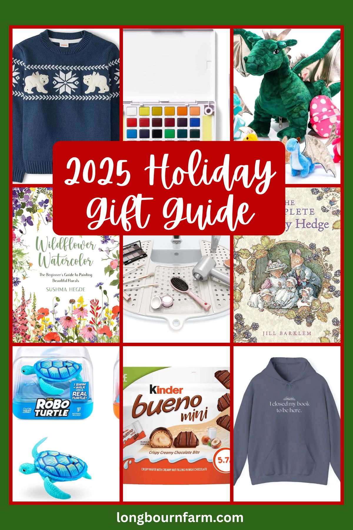 A collage of holiday gift ideas including a sweater, watercolor set, plush dinosaur, books, kitchen gadget, toy turtle, Kinder chocolates, and a mug, with 2025 Holiday Gift Guide in red text at the center.