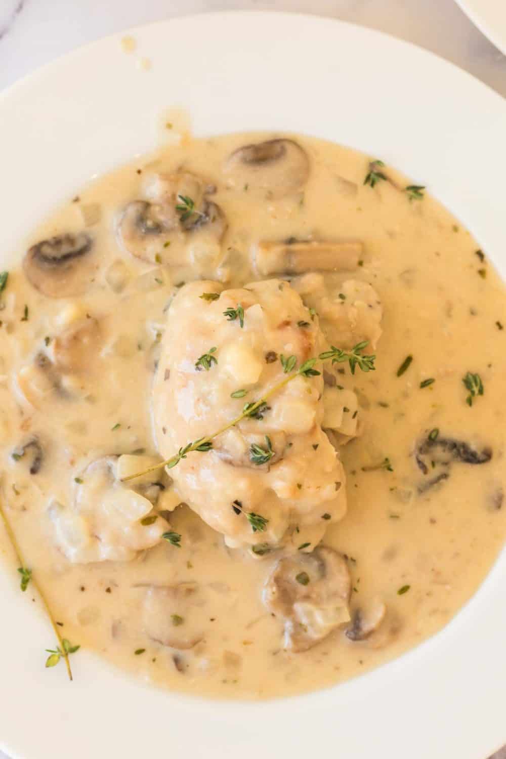 A plate of creamy chicken fricassee recipe garnished with fresh thyme, served in a thick, light-colored sauce with visible mushroom slices.
