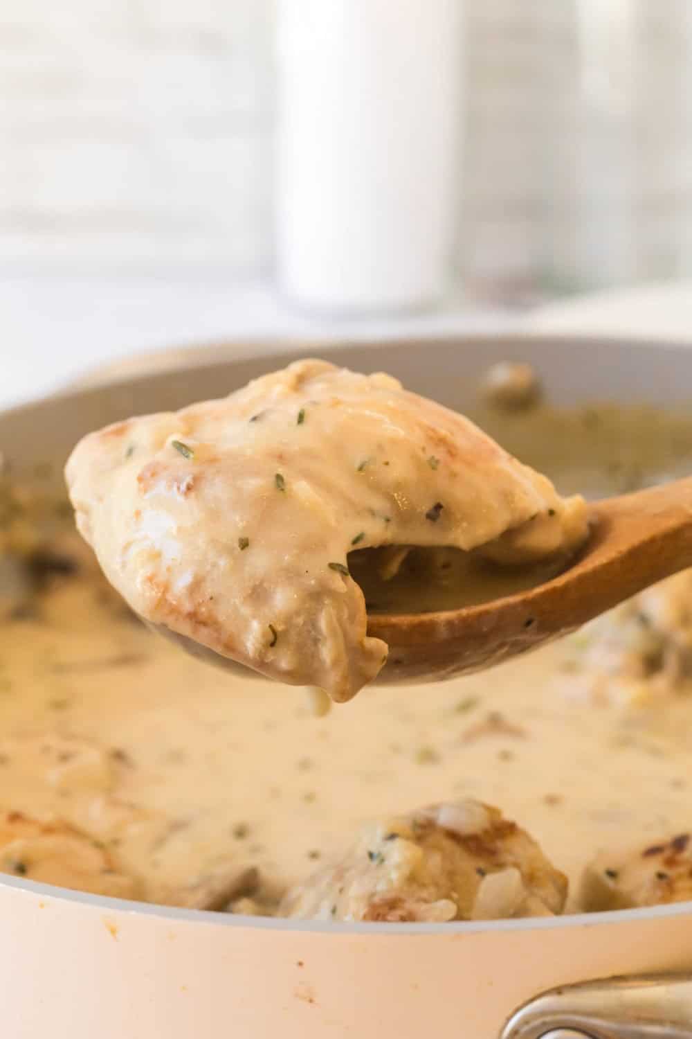 A wooden spoon holds a piece of chicken covered in creamy gravy above a pan filled with more chicken and sauce. The gravy is speckled with herbs, and the dish appears freshly cooked—an inviting chicken fricassee recipe.