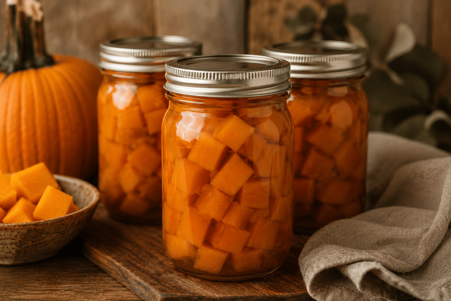 Three glass jars filled with cubed pumpkin sit on a wooden surface, with a bowl of pumpkin cubes, a whole pumpkin, and a beige cloth napkin nearby. The background features rustic wooden panels and leaves.