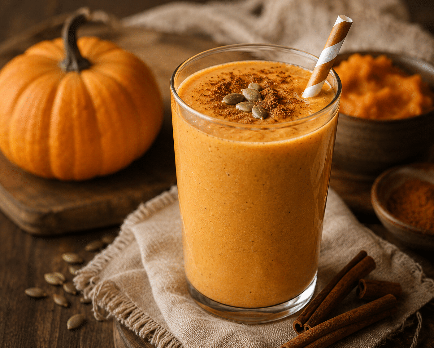 A glass of pumpkin smoothie with a striped straw, topped with pumpkin seeds and cinnamon, sits on a cloth napkin. Surrounding it are a small pumpkin, a bowl of pumpkin puree, cinnamon sticks, and pumpkin seeds.
