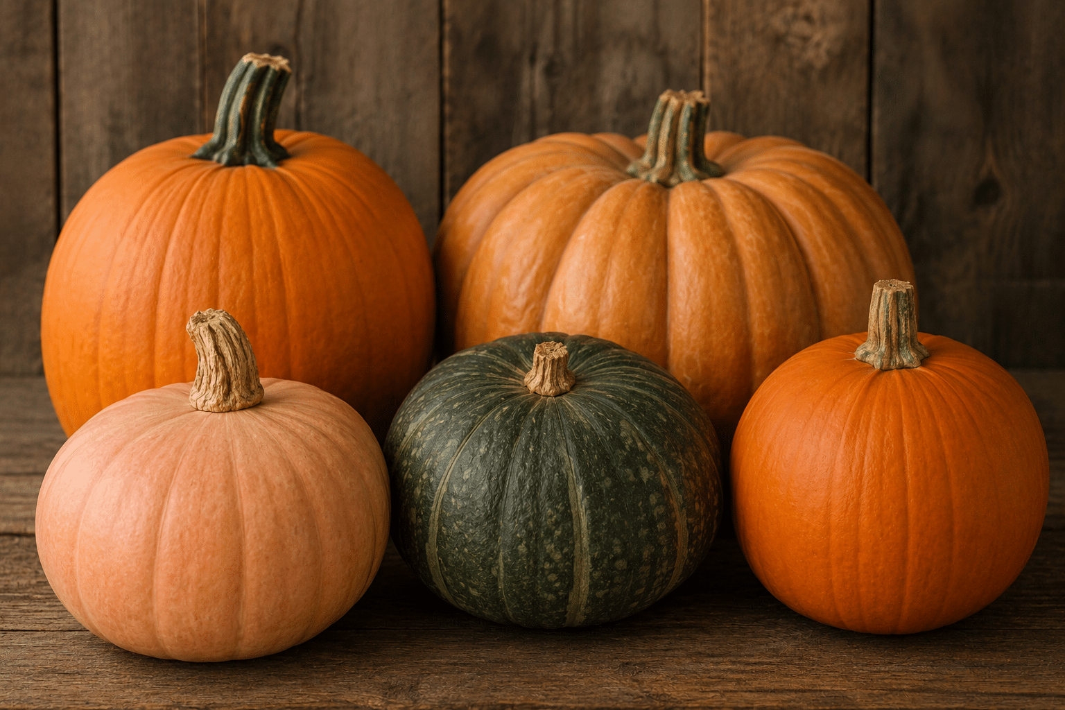 Five pumpkins of varying sizes and colors, including orange, pale, and green, are arranged on a wooden surface with a rustic wooden background.
