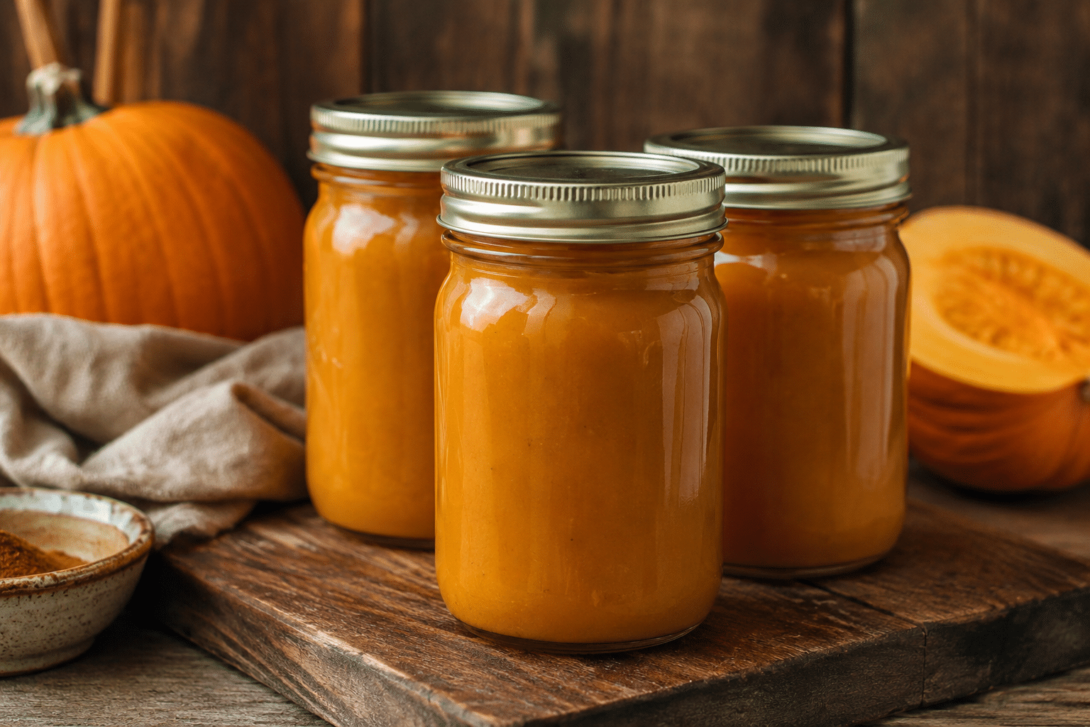 Three glass jars filled with pumpkin puree sit on a wooden surface. In the background, a whole pumpkin, a pumpkin slice, a bowl of spices, and a beige cloth are visible. The scene has a rustic, autumn feel.